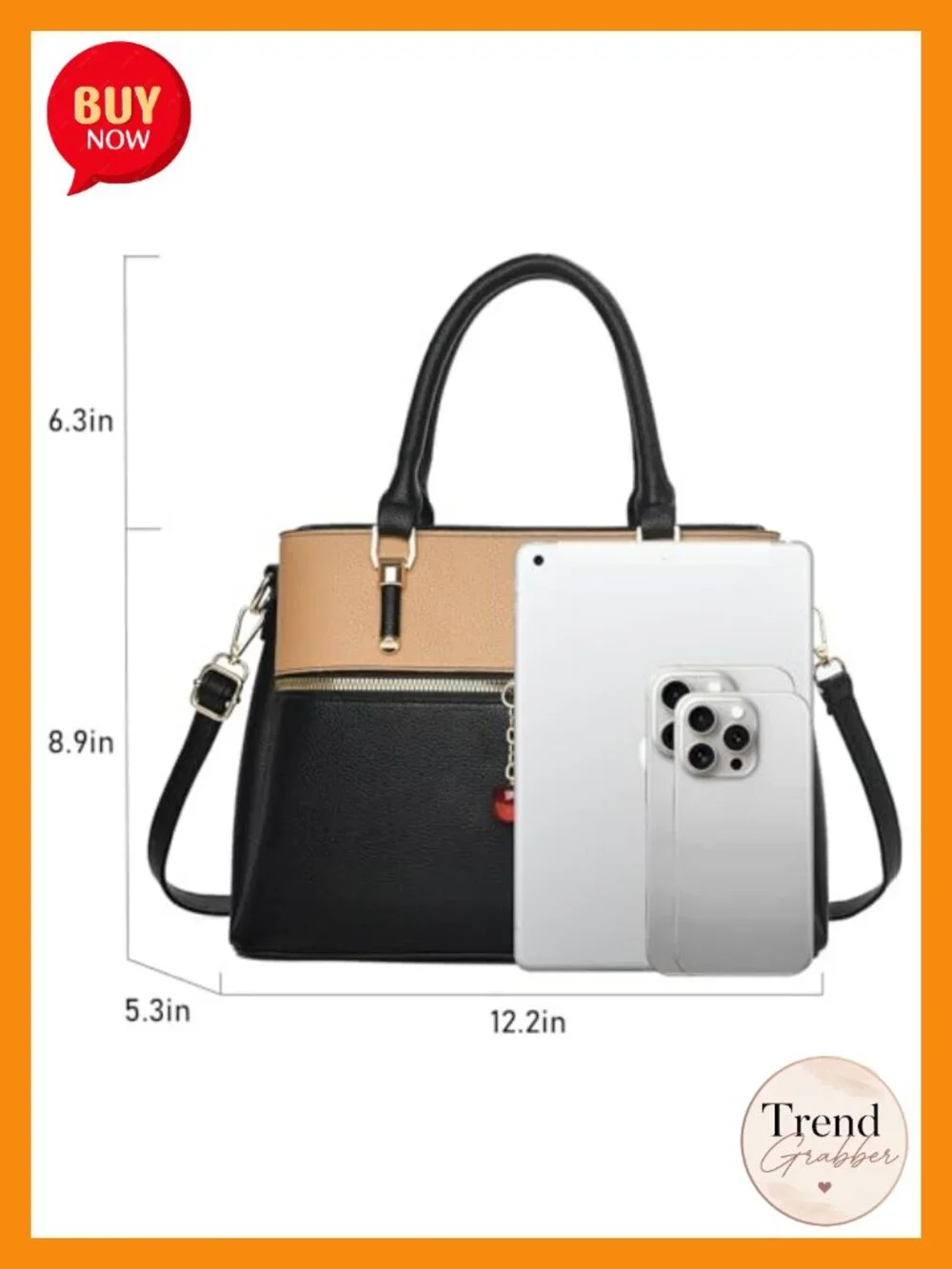 Dual-tone Tote Satchel with 3 Zip Compartments, Faux Leather